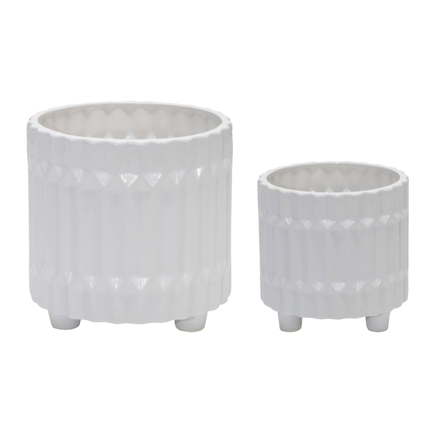 S/2 CERAMIC FLUTED PLANTER W/ FEET 6/8", WHITE