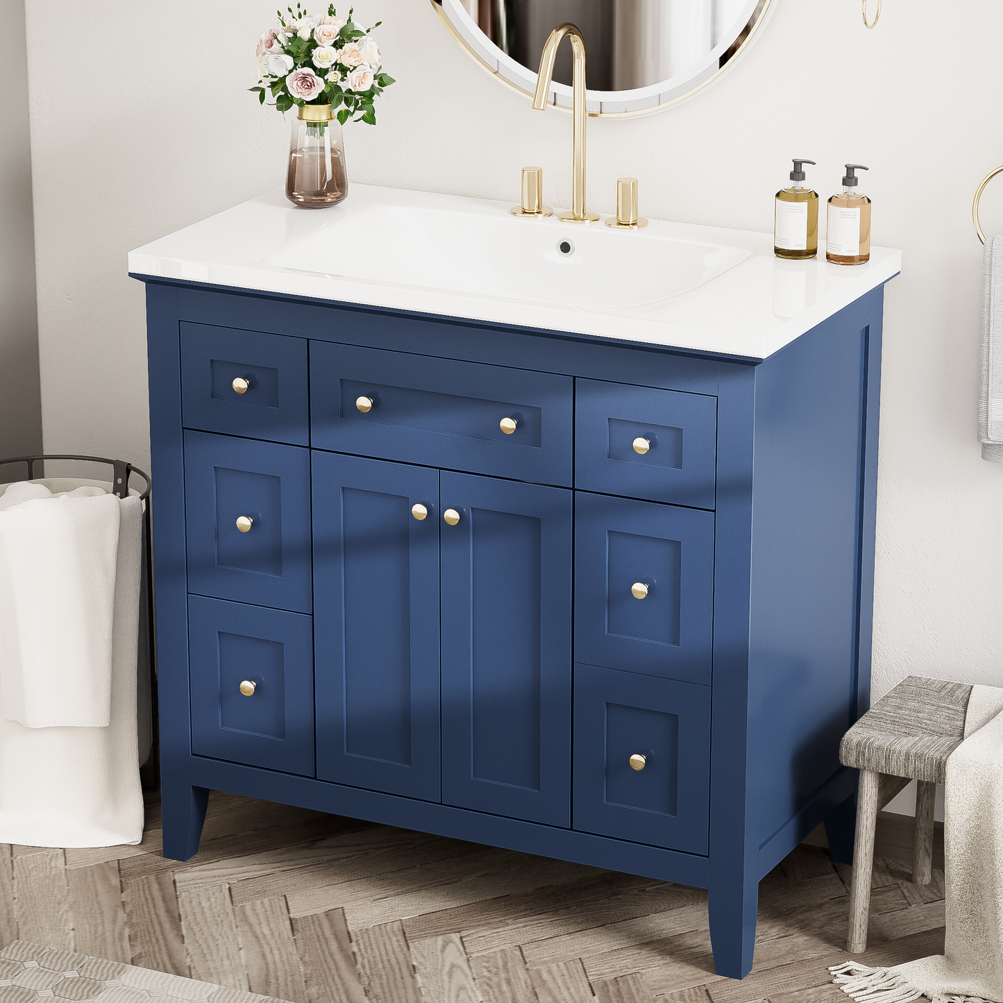 36'' Bathroon Vanity with Resin Sink Combo Set, Modern Freestanding Single Bathroom Cabinet with 6 Drawers & 2 Cabinets, Storage Cabinet for Bathroom, Solid Wood Frame Vanity Set, Blue