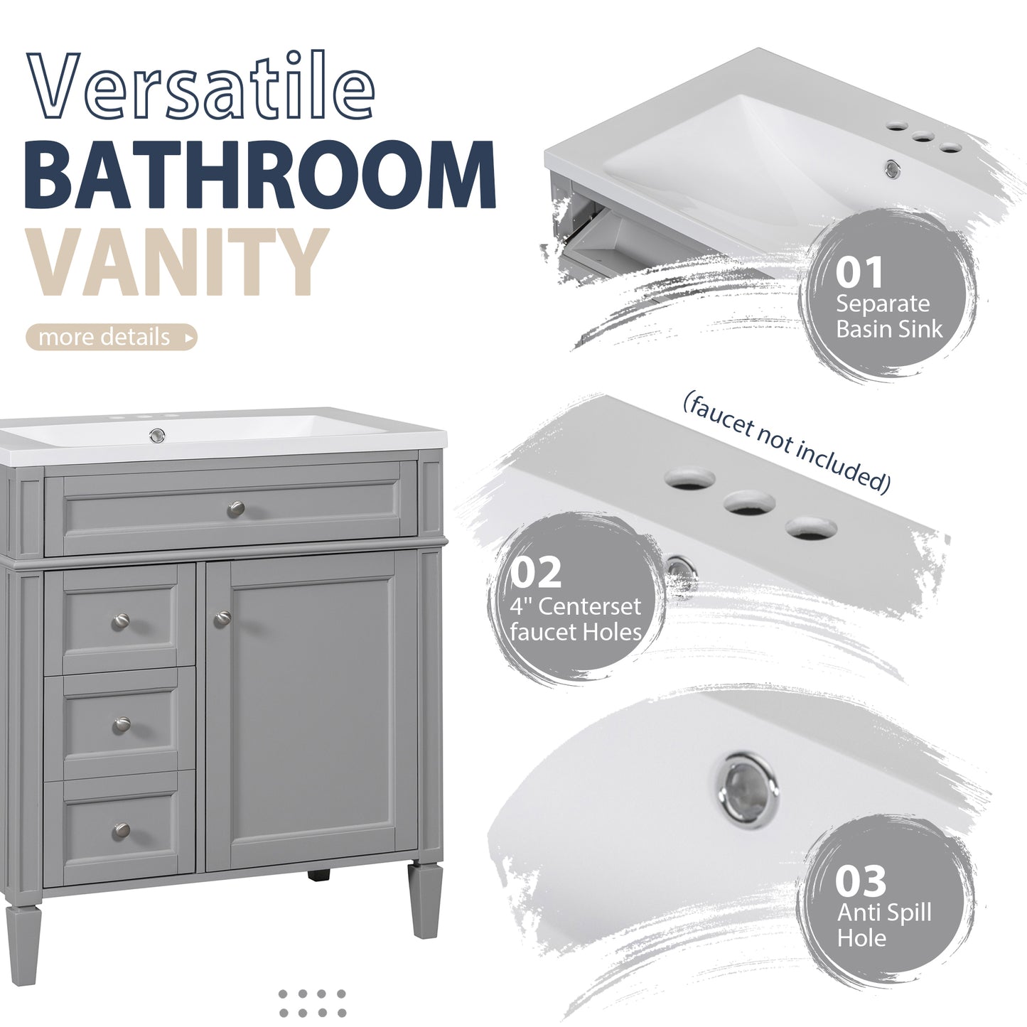 30'' Bathroom Vanity with Top Sink, Modern Bathroom Storage Cabinet with 2 Drawers and a Tip-out Drawer, Freestanding Vanity Set with Mirror Cabinet, Single Sink Bathroom Vanity