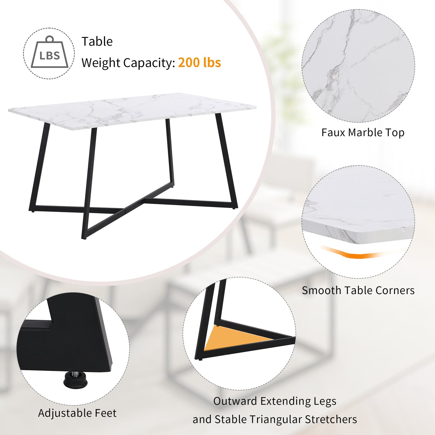 TOPMAX Modern Faux Marble 6-Piece Dining Table Set,60inch Metal Kitchen Table Set with Upholstered Dining Chairs and Bench, Black