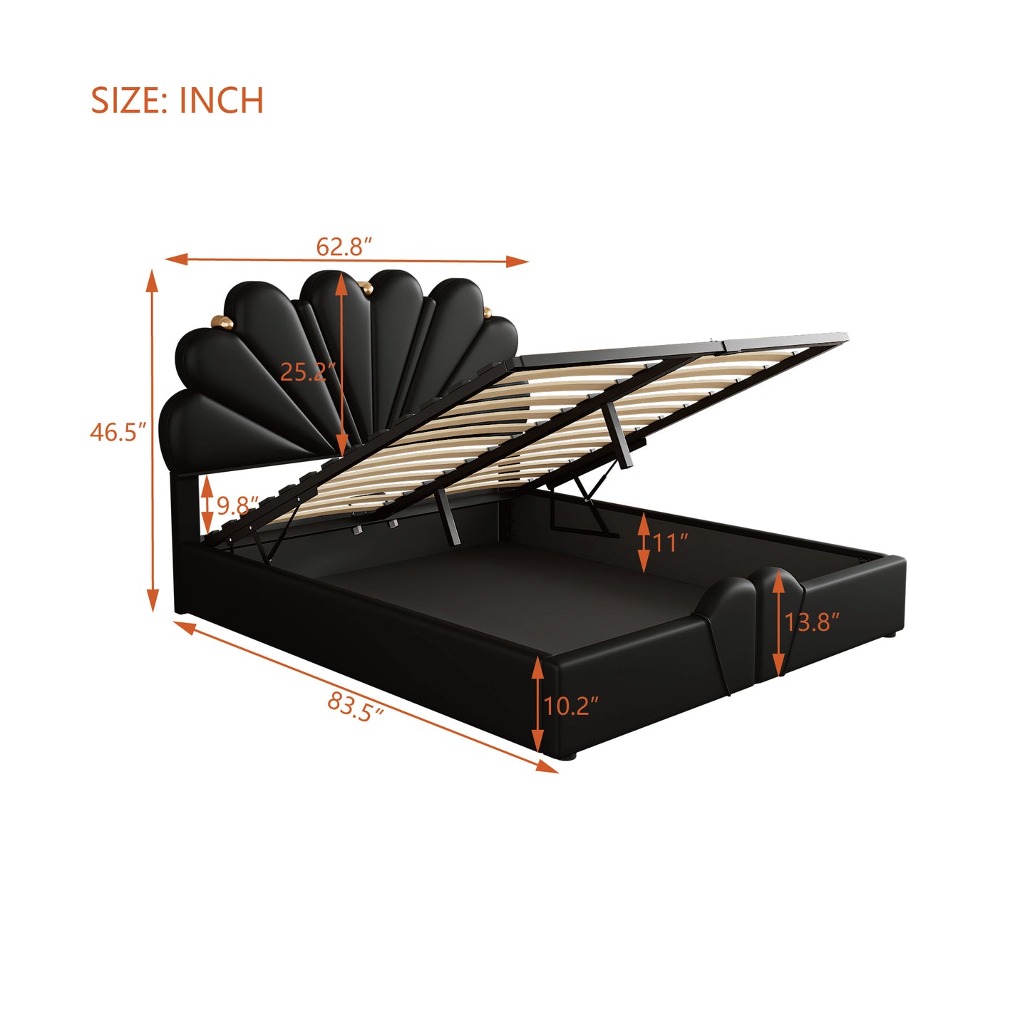 Queen Size Upholstered Petal Shaped Platform Bed with Hydraulic Storage System, PU Storage Bed, Decorated with metal balls, Black