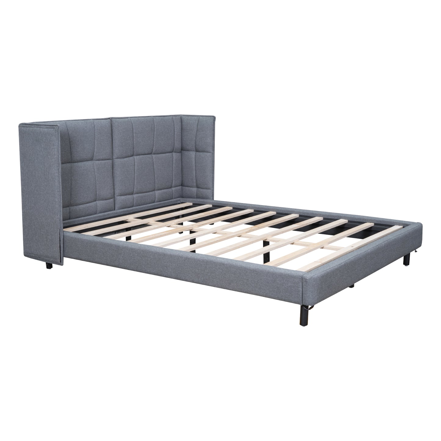 Queen Size Upholstered Platform Bed with LED Lights and U-Shaped Headboard, Linen Fabric, Gray