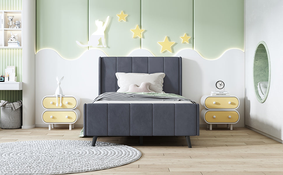 Twin Size Upholstered Platform Bed, Velvet, Gray