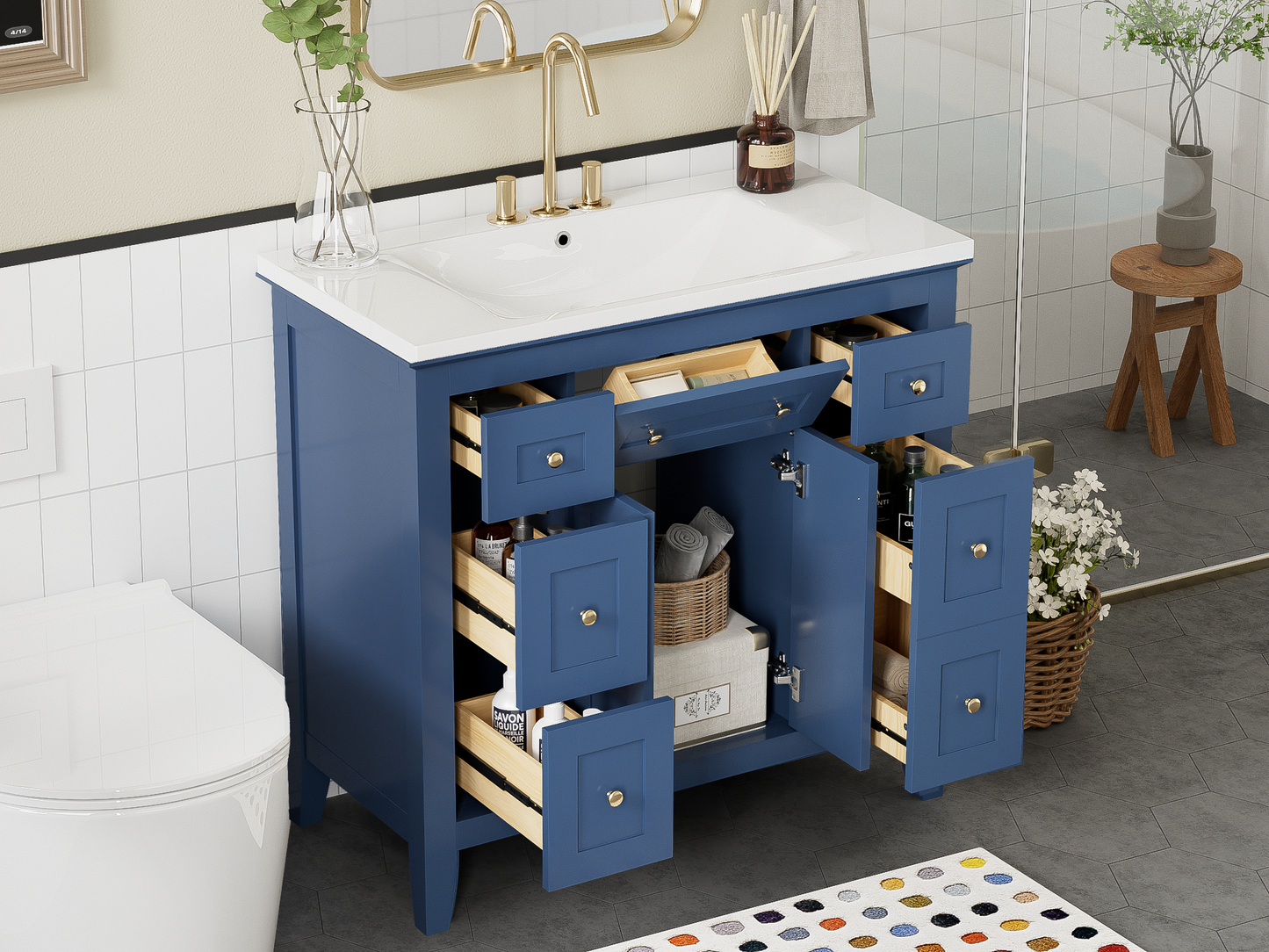 36'' Bathroon Vanity with Resin Sink Combo Set, Modern Freestanding Single Bathroom Cabinet with 6 Drawers & 2 Cabinets, Storage Cabinet for Bathroom, Solid Wood Frame Vanity Set, Blue