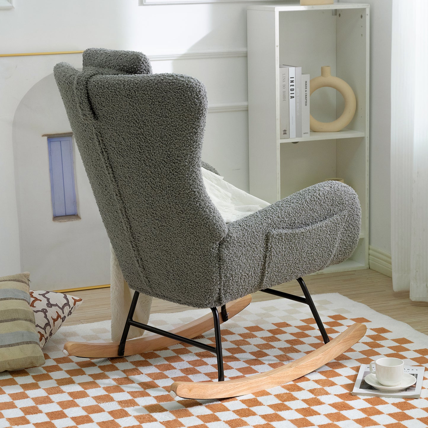 Rocking Chair Nursery, Teddy Upholstered Rocker Glider Chair with High Backrest, Adjustable Headrest & Pocket, Comfy Glider Chair for Nursery, Bedroom, Living Room, Offices, Rubber wood, gray