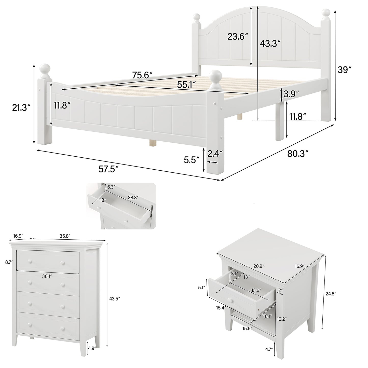 3 Pieces Traditional Concise Style White Bedroom Sets, Nightstand+Chest+Full Bed