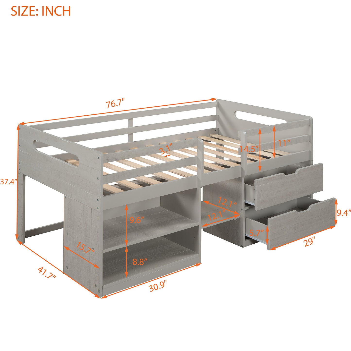 Twin size Loft Bed with Two Shelves and Two drawers (Antique Gray)
