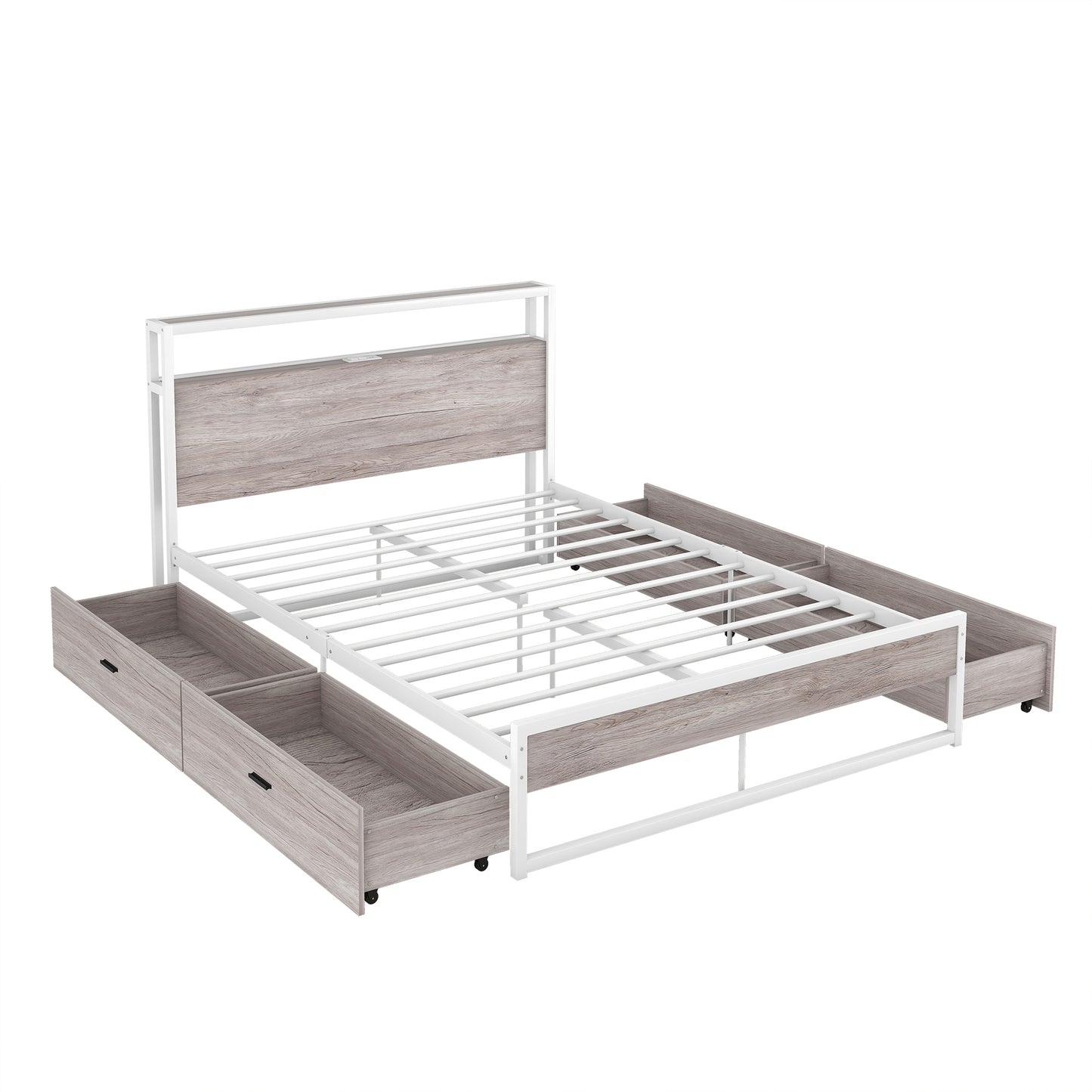 Full Size Metal Platform Bed Frame with Four Drawers,Sockets and USB Ports ,Slat Support No Box Spring Needed White