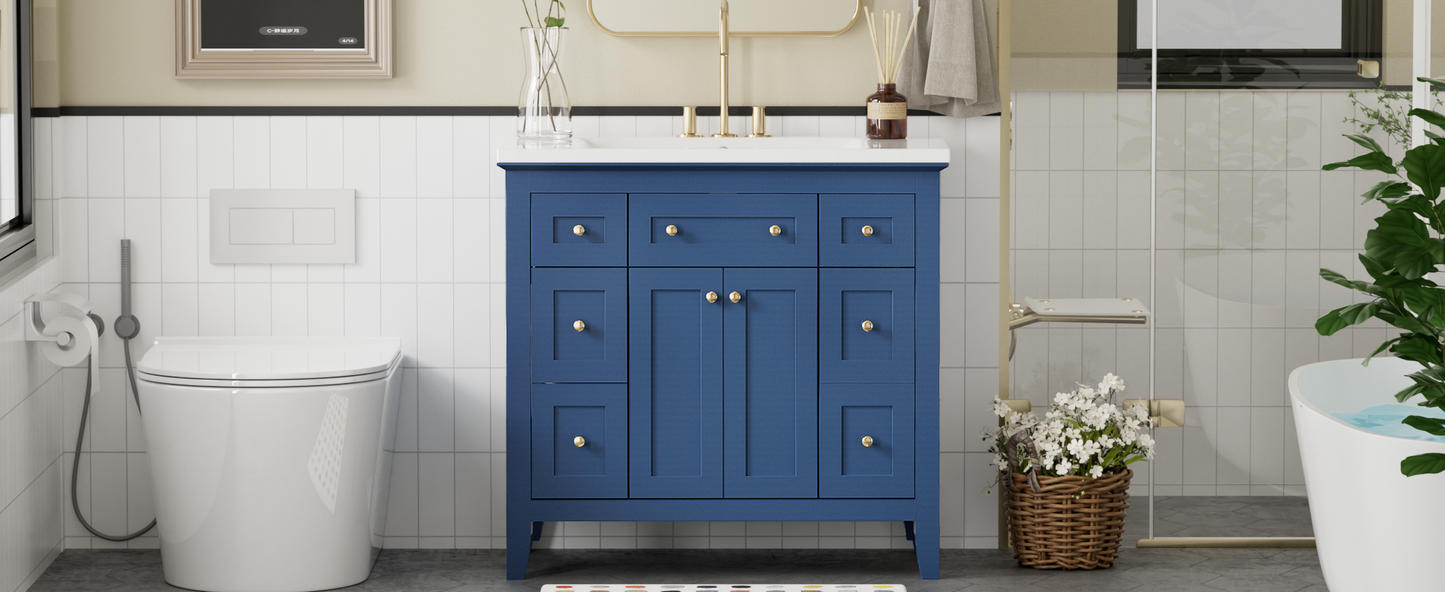 36'' Bathroon Vanity with Resin Sink Combo Set, Modern Freestanding Single Bathroom Cabinet with 6 Drawers & 2 Cabinets, Storage Cabinet for Bathroom, Solid Wood Frame Vanity Set, Blue