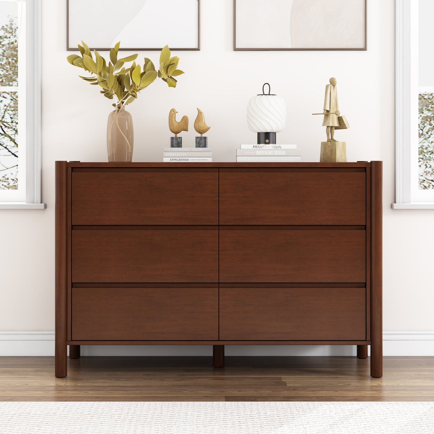 4 Pieces Bedroom Sets Mid Century Modern Upholestery Walnut Wood Frame Queen Platform Bed with Two Nightstands and Dresser