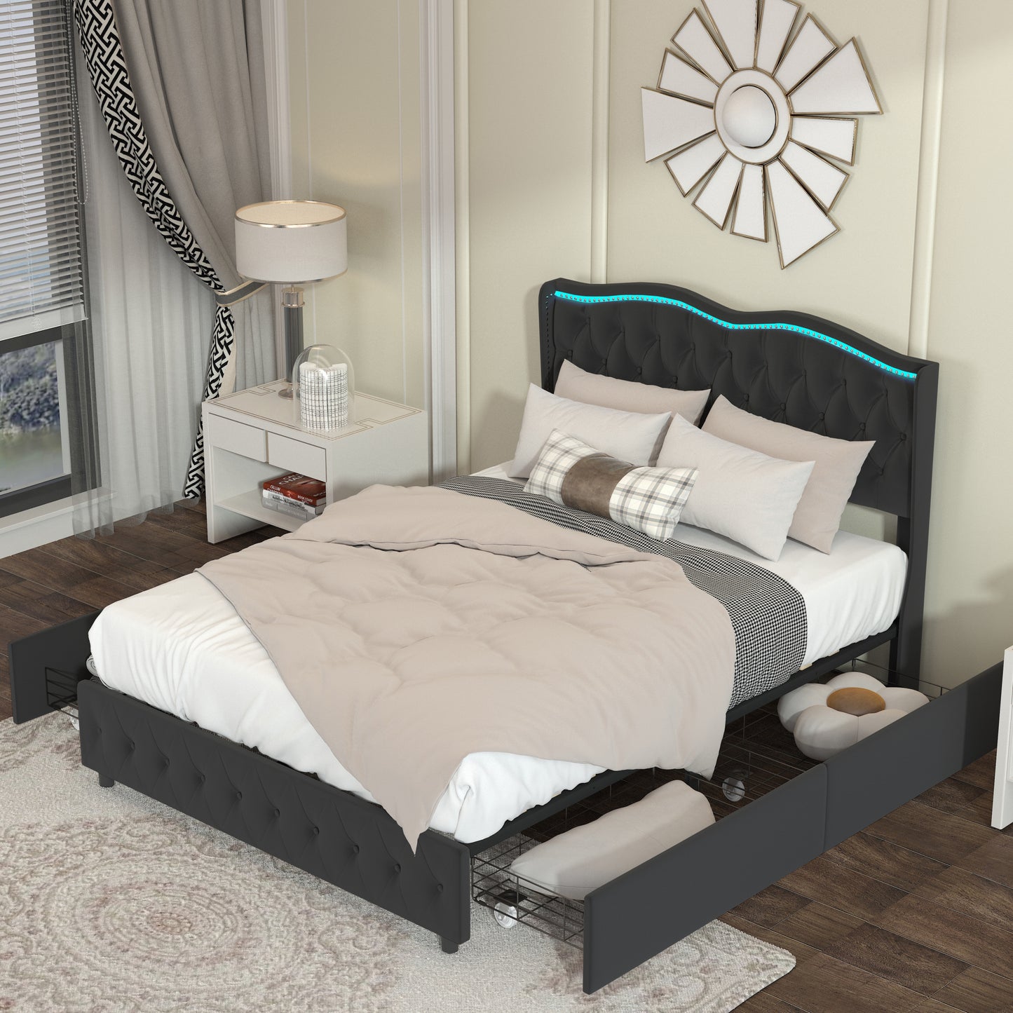 Queen Platform Bed Frame , Velvet Upholstered Bed with Deep Tufted Buttons and Nailhead Trim, Adjustable Colorful LED Light Decorative Headboard, Bed Sides with Pull-Out Storage 4 Drawers, Black