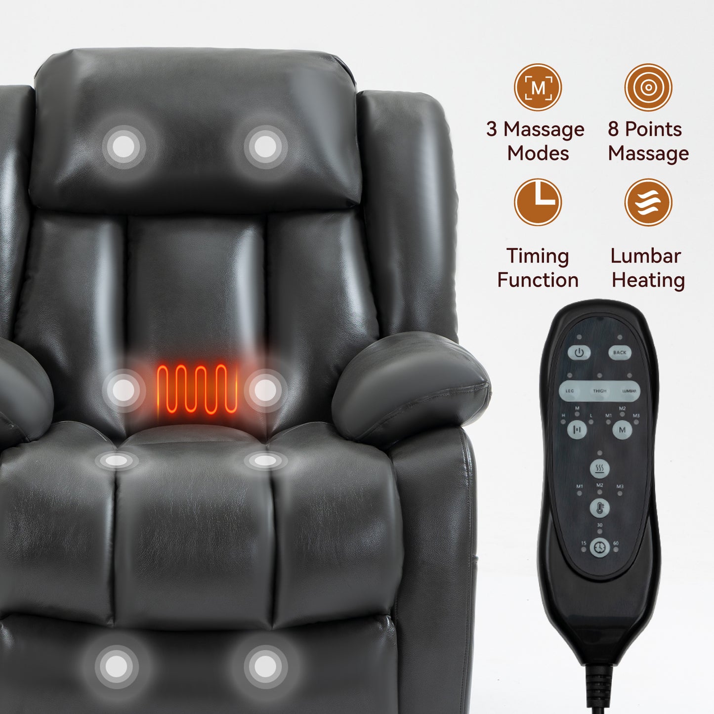 Dual Motor Infinite Position Up to 350 LBS Electric Medium size Grey Power Lift Recliner Chair with 8-Point Vibration Massage and Lumbar Heating