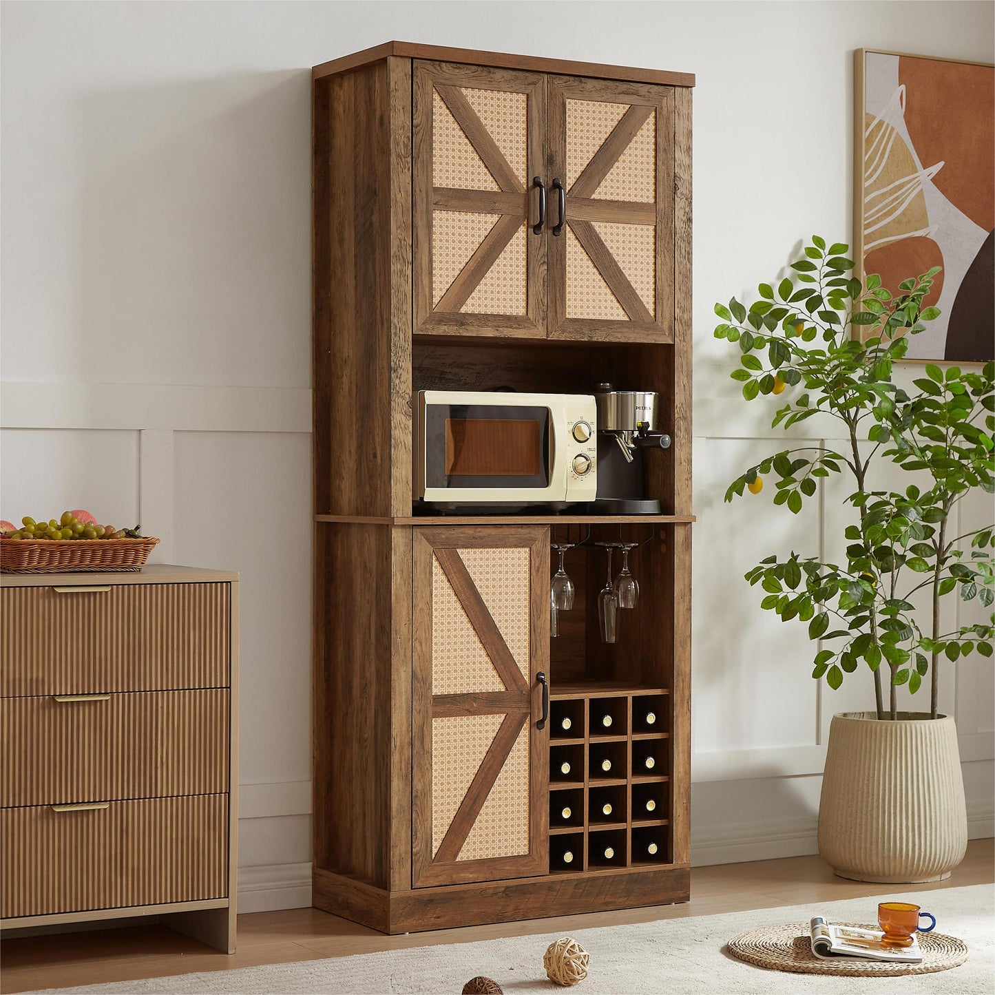 76-Inch Tall Rustic Oak Color Farmhouse Kitchen Faux Rattan Wine Cabinet, Kitchen Bar Cabinet with Square Compartments , Large Wooden Faux Rattan Storage Cabinet with Barn Doors and Microwave Shelves