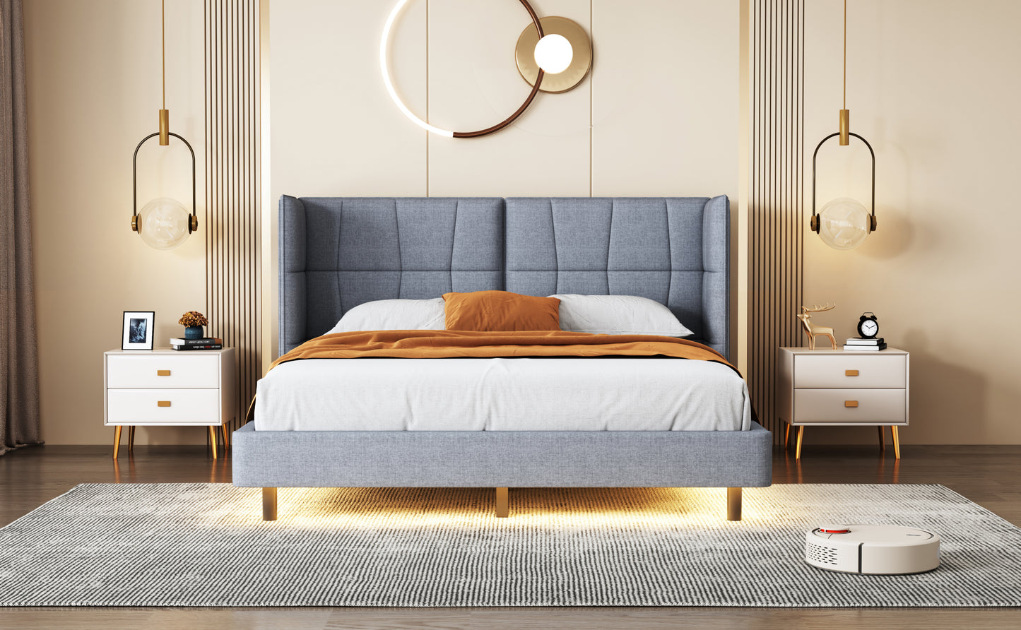 Queen Size Upholstered Platform Bed with LED Lights and U-Shaped Headboard, Linen Fabric, Gray