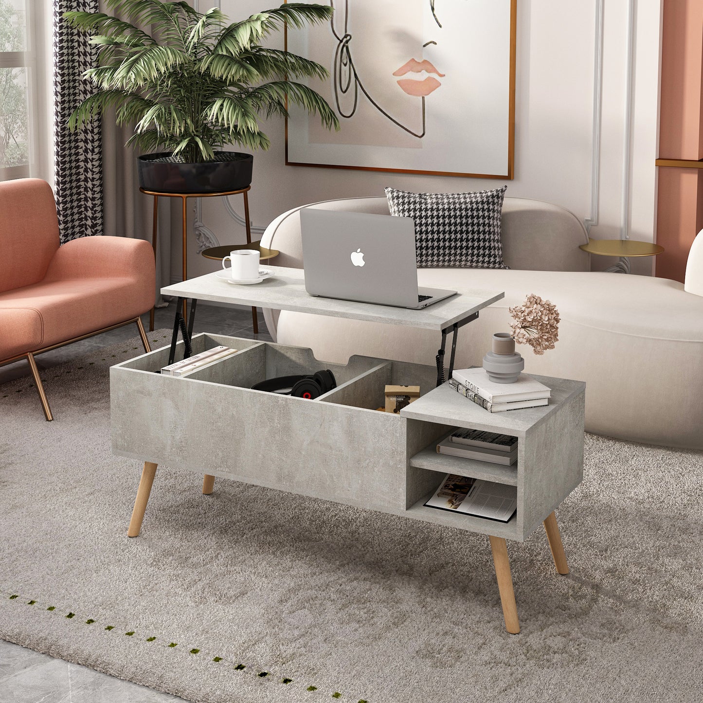 Solid wood legsCoffee Table,Accent Furniture Home Decor,Open Storage Shelf,Storage Coffee Table with Hidden Compartment and Adjustable Storage Shelf,LiftTabletopDiningTable for Living room Light Gray