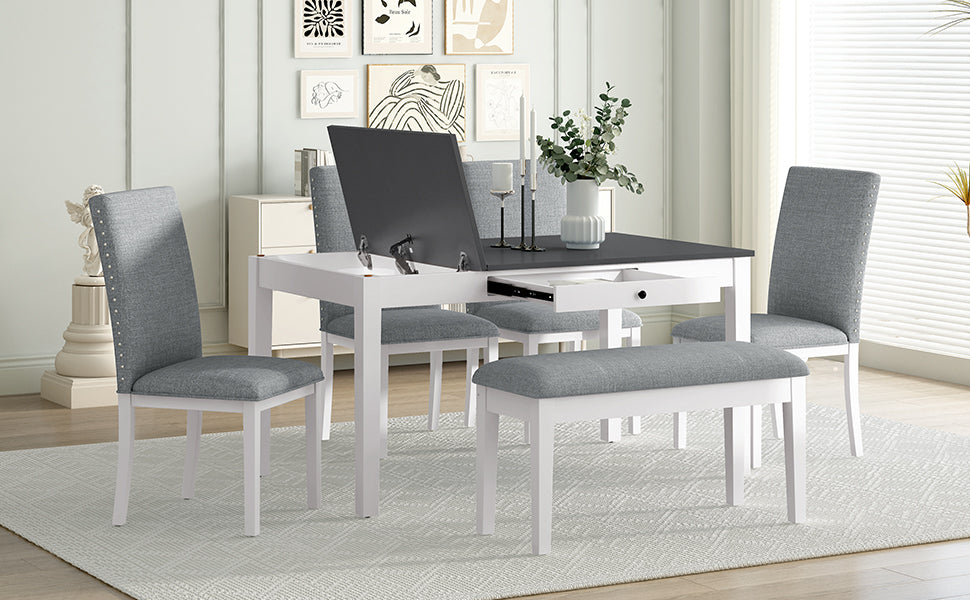 TOPMAX Farmhouse 6-Piece Dining Table Set with Storage Table, Kitchen Table Set with Drawer, Storable Bench and Upholstered Dining Chairs, White+Gray