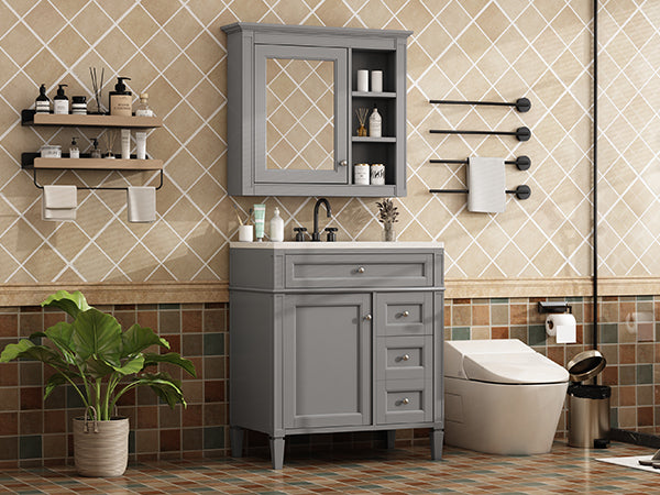 30'' Bathroom Vanity with Top Sink, Modern Bathroom Storage Cabinet with 2 Drawers and a Tip-out Drawer, Freestanding Vanity Set with Mirror Cabinet, Single Sink Bathroom Vanity