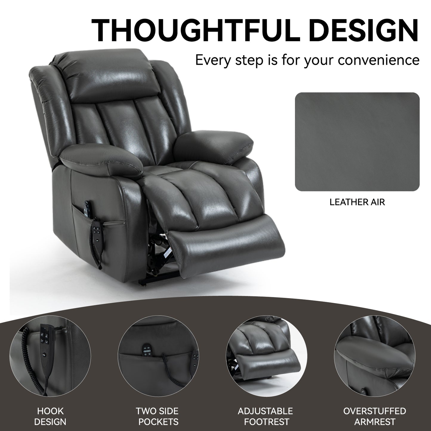 Dual Motor Infinite Position Up to 350 LBS Electric Medium size Grey Power Lift Recliner Chair with 8-Point Vibration Massage and Lumbar Heating