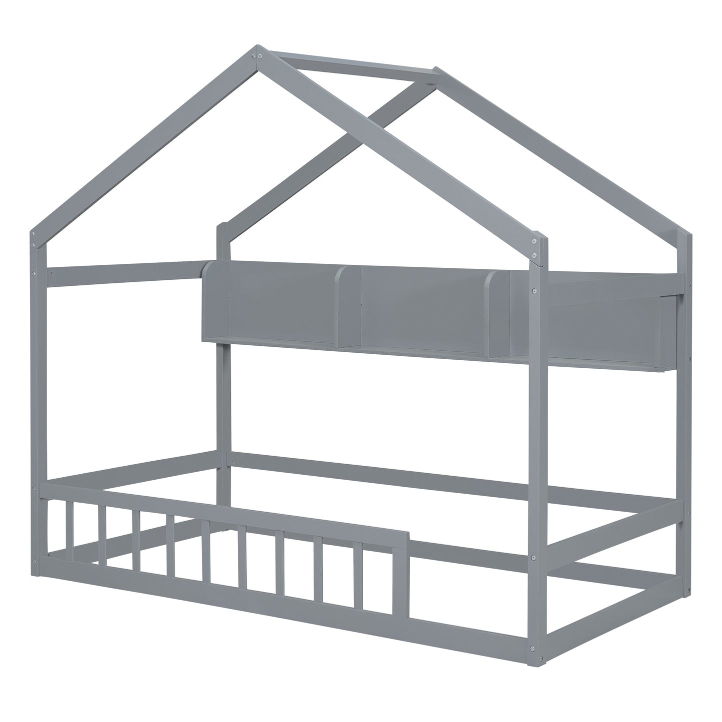 Wooden Twin Size House Bed with Storage Shelf,Kids Bed with Fence and Roof, Gray