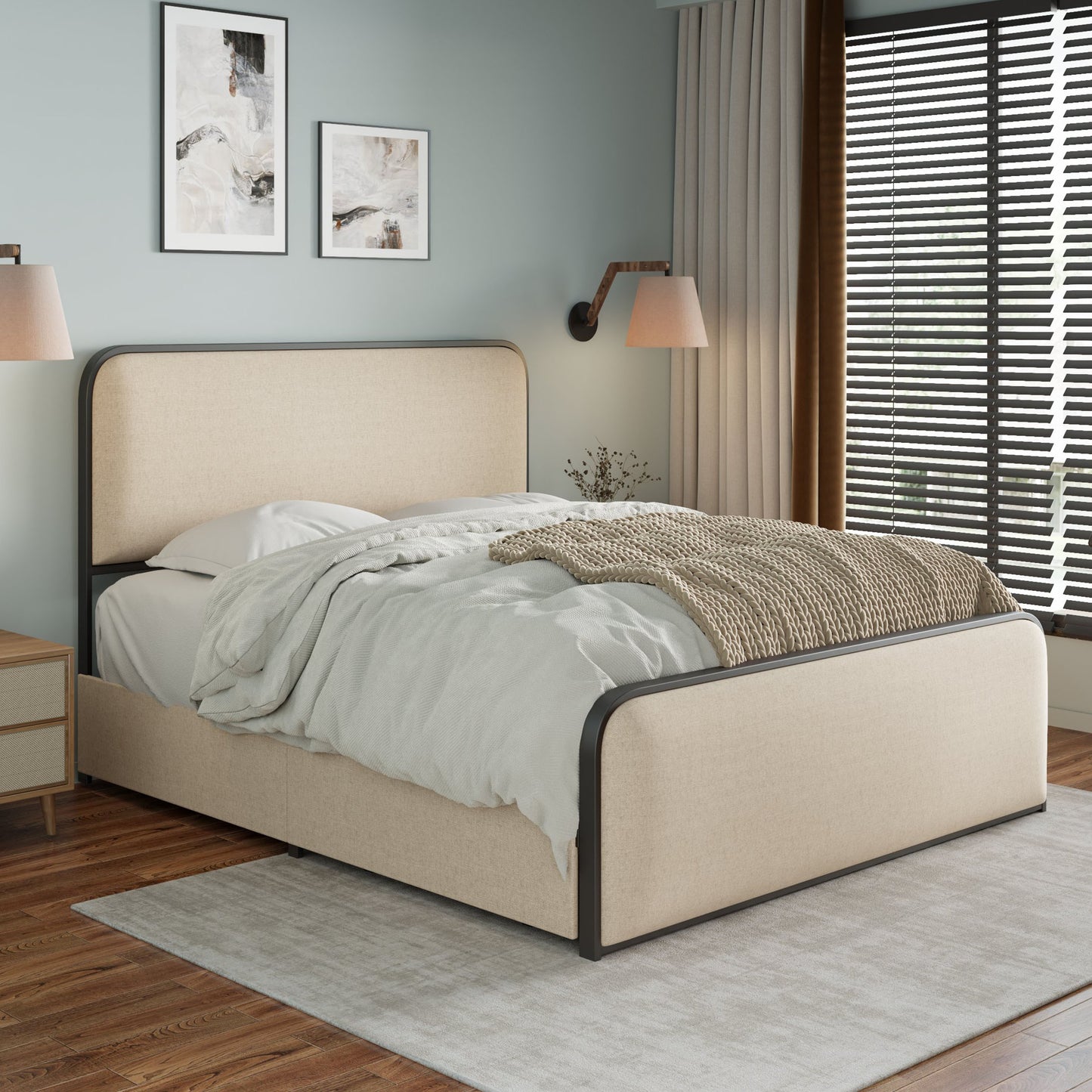 Modern Metal Bed Frame with Curved Upholstered Headboard and Footboard Bed with 4 Storage Drawers, Heavy Duty Metal Slats, Queen Size, Beige
