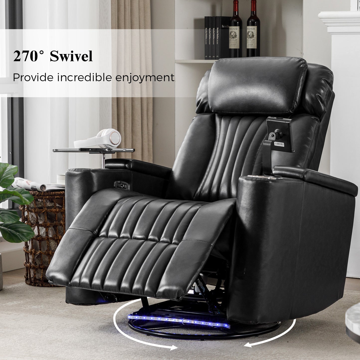 270° Power Swivel Recliner,Home Theater Seating With Hidden Arm Storage and LED Light Strip,Cup Holder,360° Swivel Tray Table,and Cell Phone Holder,Soft Living Room Chair,Black