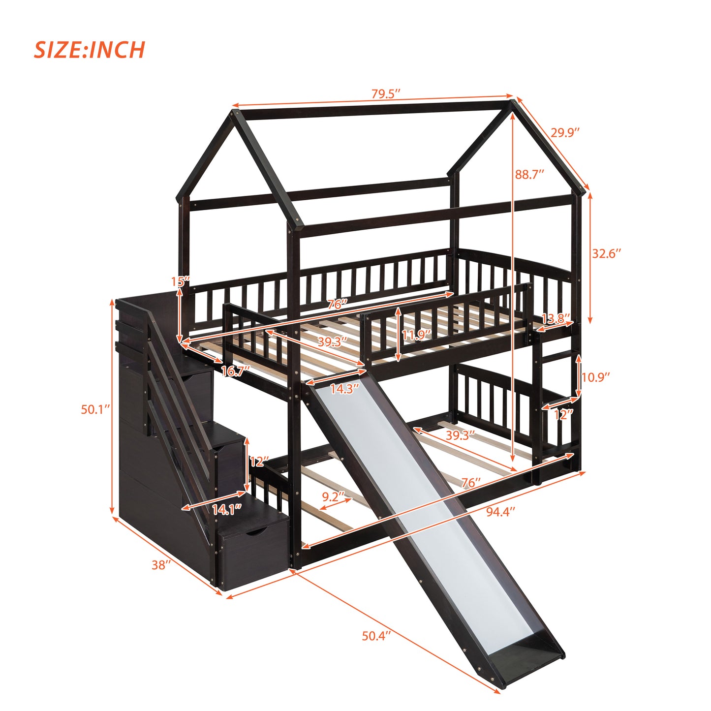 Twin Over Twin Bunk Bed with Drawers and Slide, House Bed with Slide,Espresso(OLD SKU :LT000215AAP)