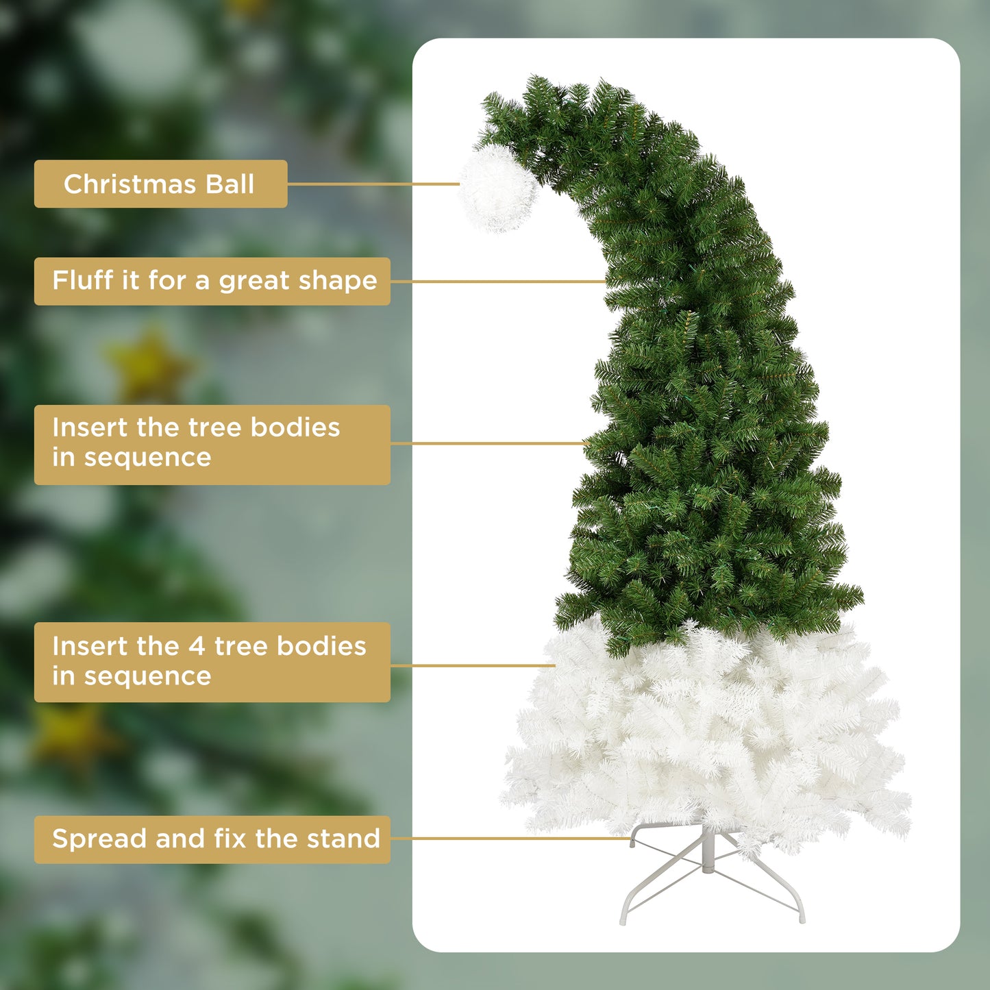 6FT Hinged Fir Artificial Fir Bent Top Christmas Tree, Xmas Tree Bendable Santa Hat Style Christmas Tree Holiday Decoration, 1250 Lush Branch Tips, 300 LED Lights X-mas