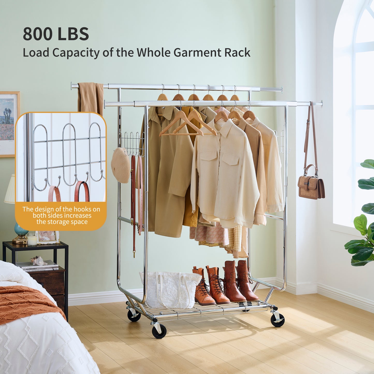 Double Clothing Garment Rack with Shelves Capacity 800lbs Clothing Racks on Wheels Rolling Clothes Rack for Hanging Clothes Heavy Duty Portable Collapsible Commercial Garment Rack