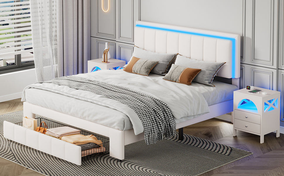 3-Pieces Bedroom Sets,Queen Size Upholstered Bed with LED Lights and Motion Activated Night Lights,Two Nightstands with USB Charging Station and LED lights,White