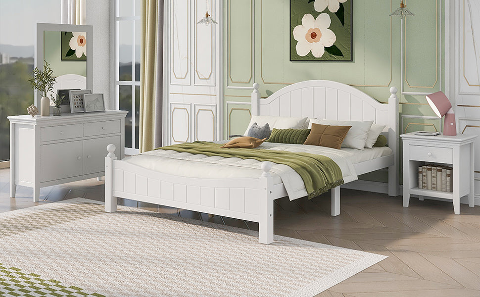 4 Pieces Traditional Concise Style White Bedroom Sets, Nightstand+ Dresser+ Mirror+King Bed