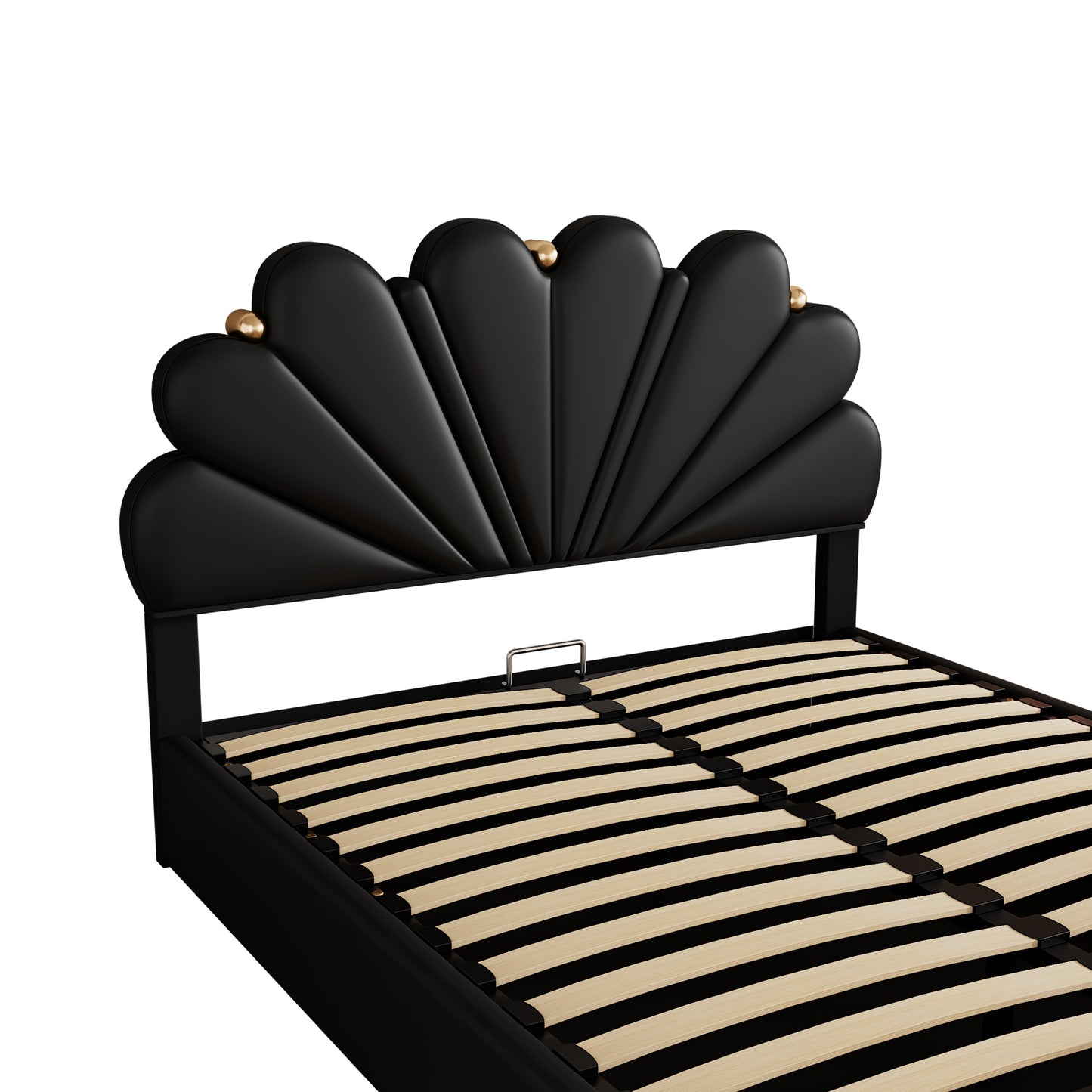 Queen Size Upholstered Petal Shaped Platform Bed with Hydraulic Storage System, PU Storage Bed, Decorated with metal balls, Black