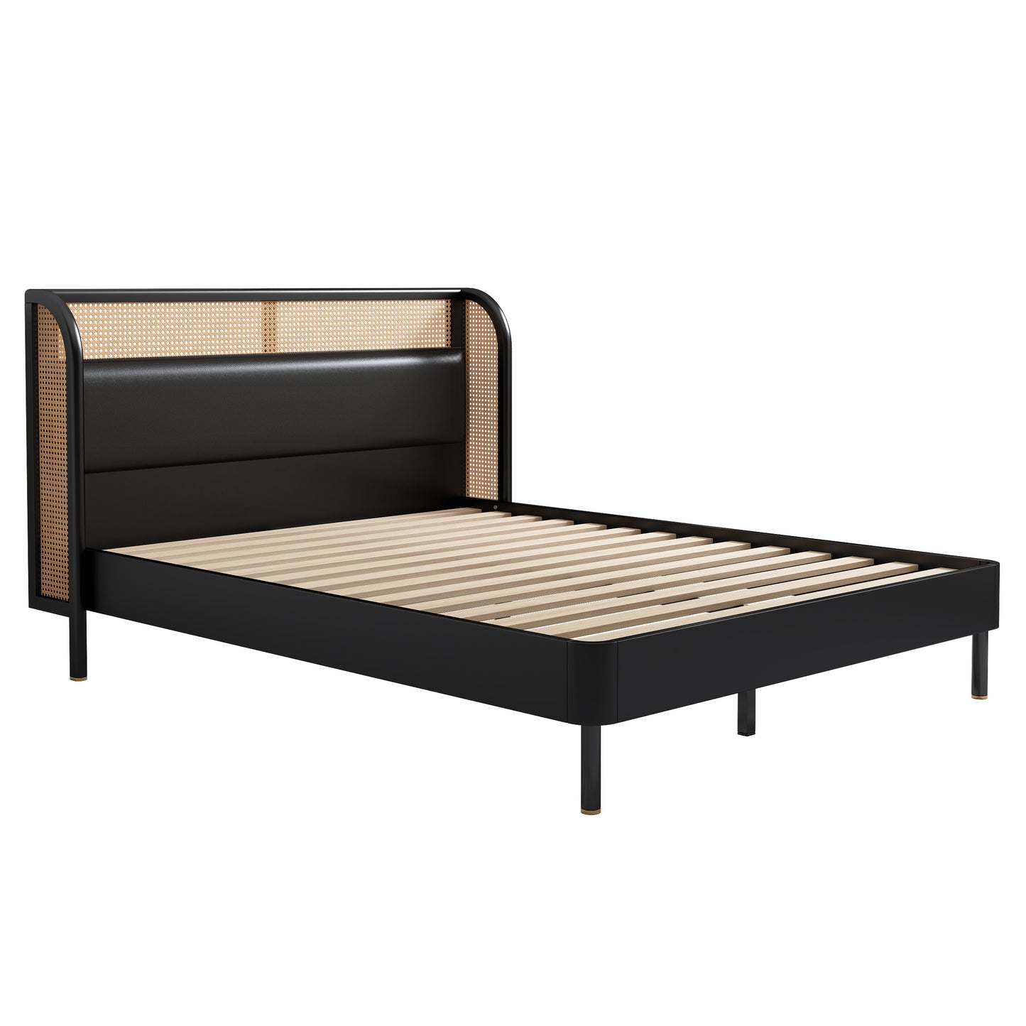 4 Pieces Modern Cannage Rattan Platform Queen Bed + Nightstand*2+ Dresser, Black