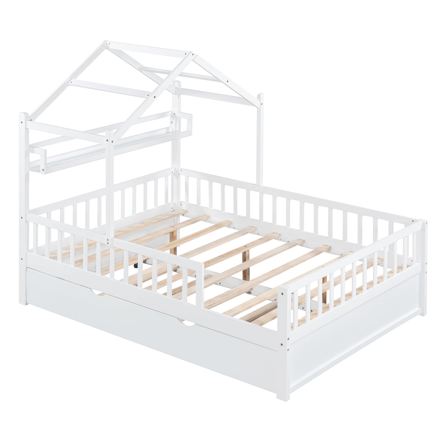 Wooden Full Size House Bed with Twin Size Trundle,Kids Bed with Shelf,White