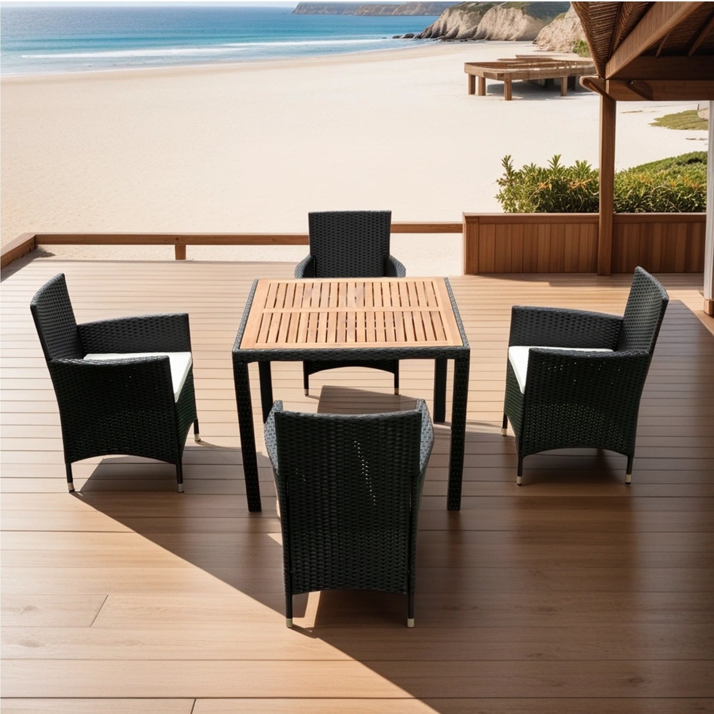 EELIFEE 5 piece Outdoor Patio Wicker Dining Set Patio Wicker Furniture Dining Set w/Acacia Wood Top Black Wicker + Creme Cushion