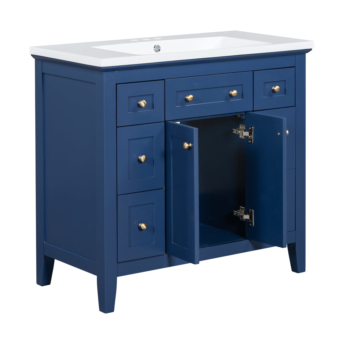36'' Bathroon Vanity with Resin Sink Combo Set, Modern Freestanding Single Bathroom Cabinet with 6 Drawers & 2 Cabinets, Storage Cabinet for Bathroom, Solid Wood Frame Vanity Set, Blue