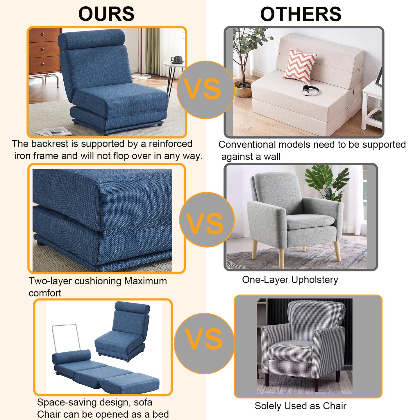 Single Sofa Chair Foldable Single Sofa Bed with Pillow,Portable Foldable Sofa Bed,Leisure Sofa Chair,Easy to Store,Made of Breathable and Wearable Linen