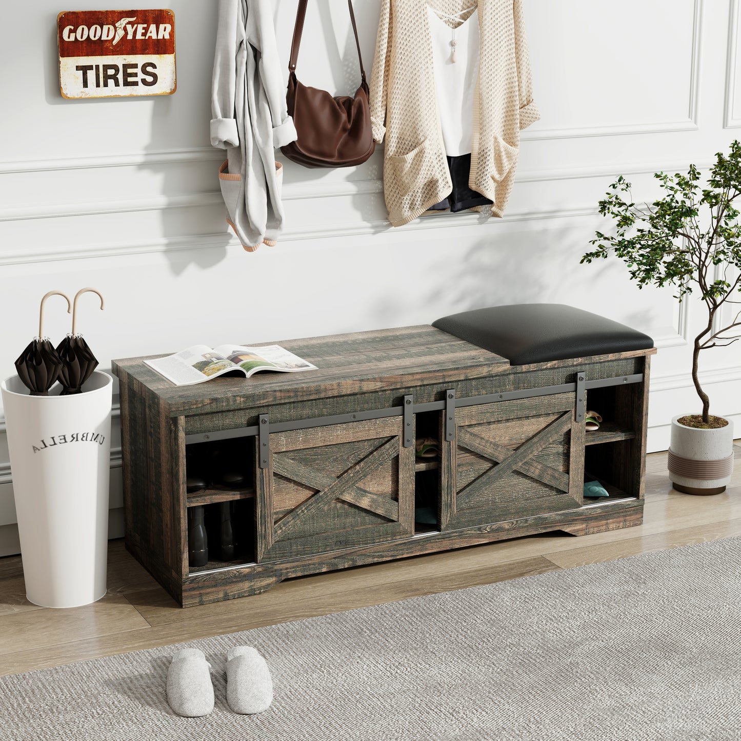 47 Inch Modern Farmhouse Sliding X Barn Door Litterbox Bench with Entry Cutout, Shoe Bench