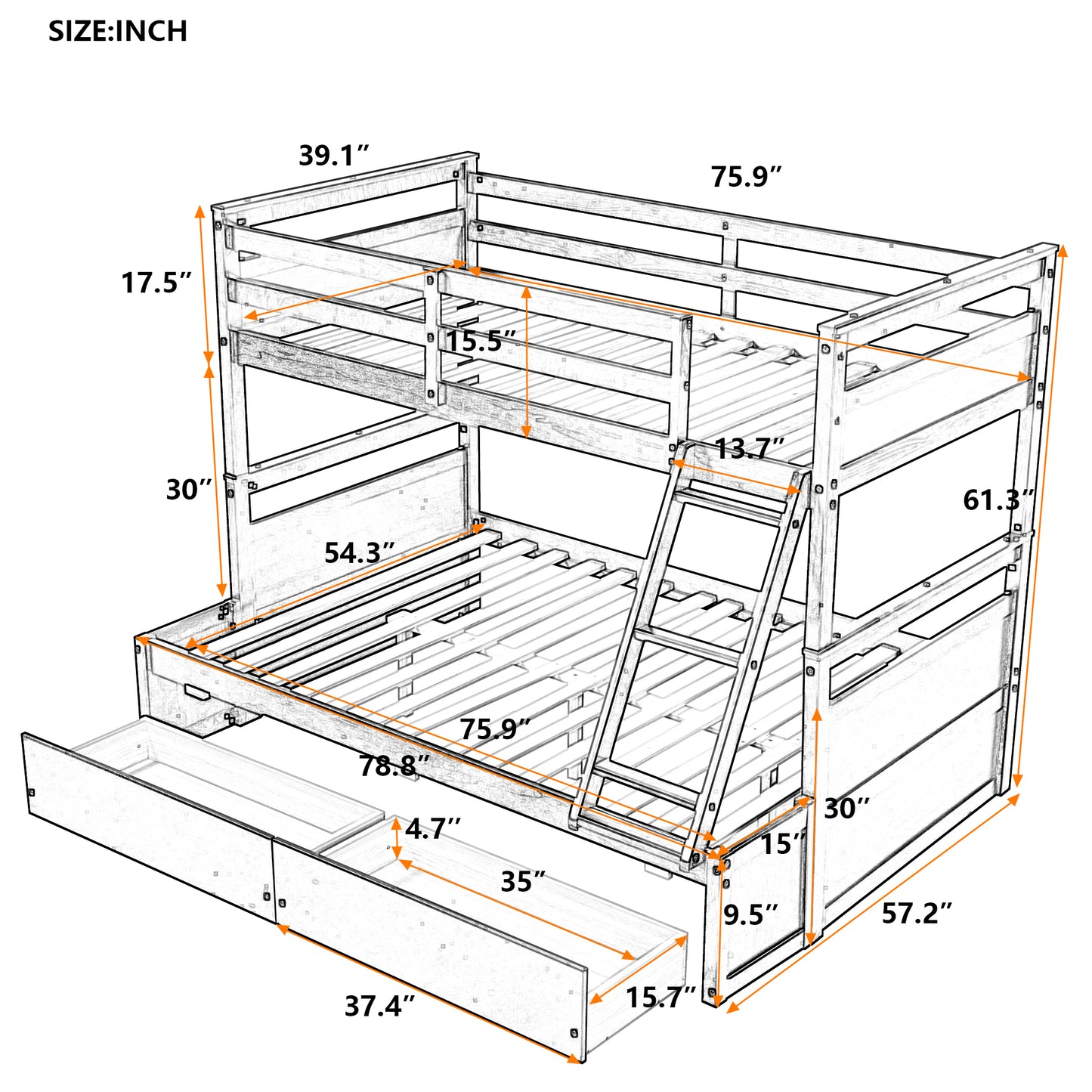 Twin over Full Bunk Bed with Storage - Gray(OLD SKU :LP000022AAE)