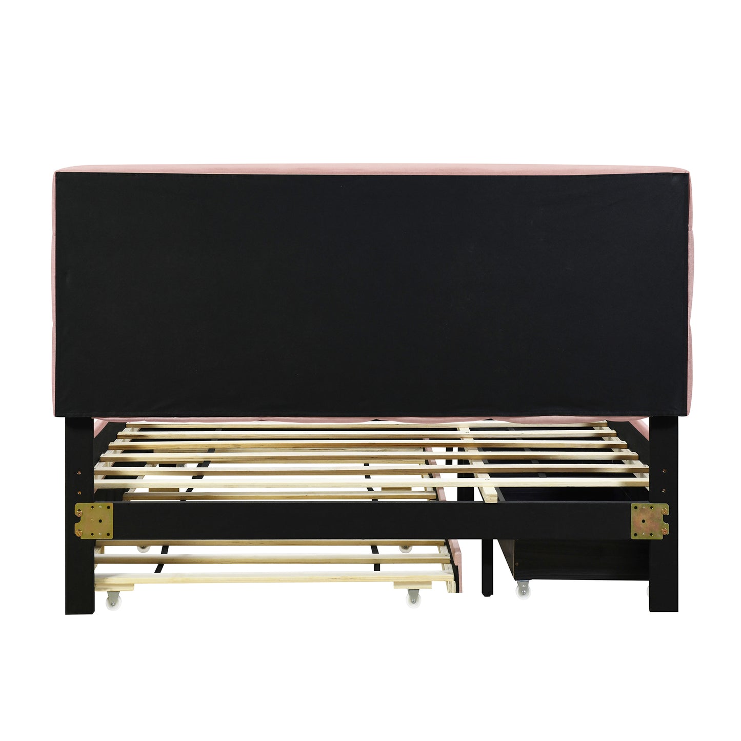 Queen Size Upholstered Platform Bed with LED Frame, with Twin XL Size Trundle and 2 drawers, Linen Fabric, Pink