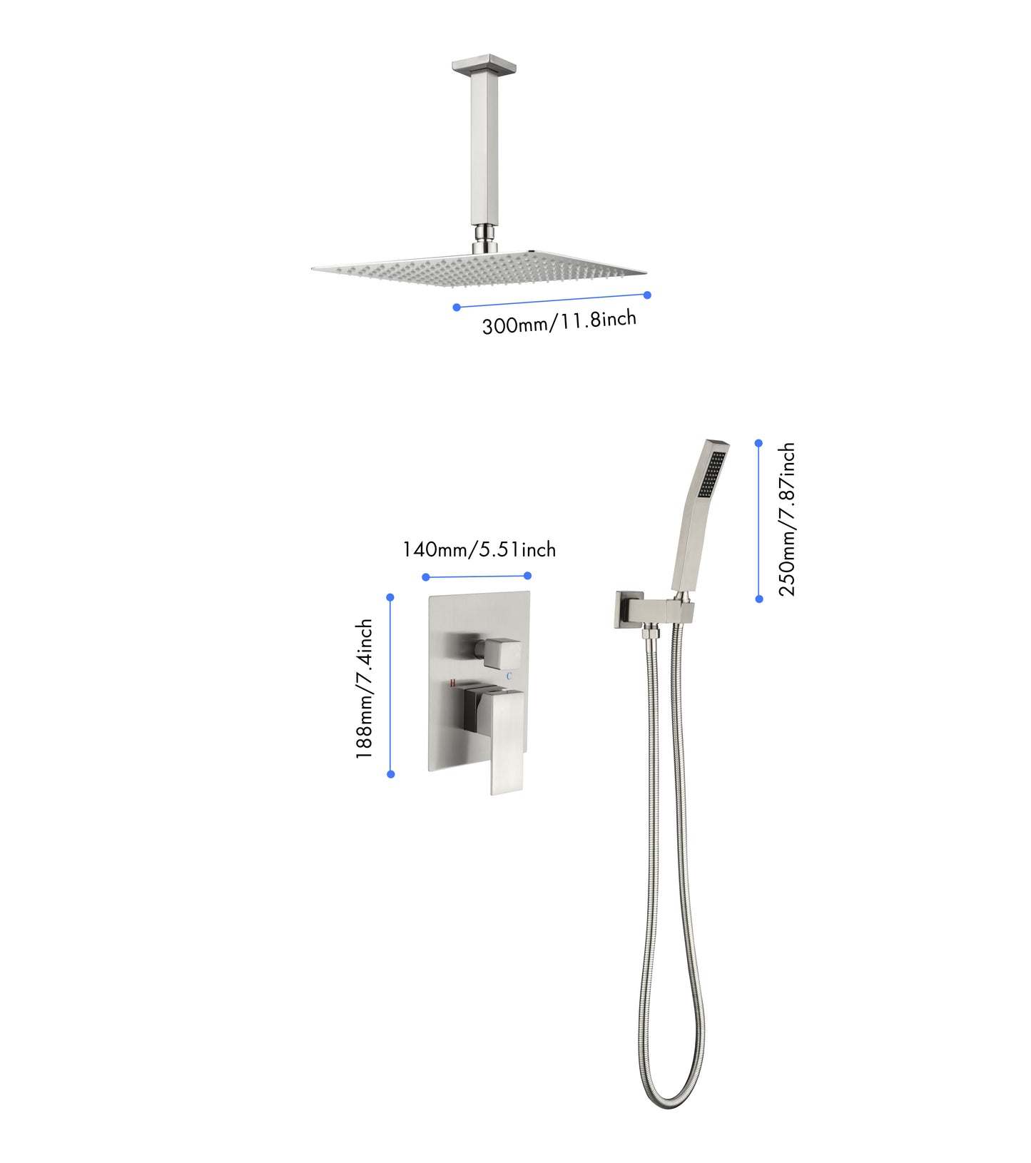Ceiling Mounted Shower System Combo Set with Handheld and 12"Shower head