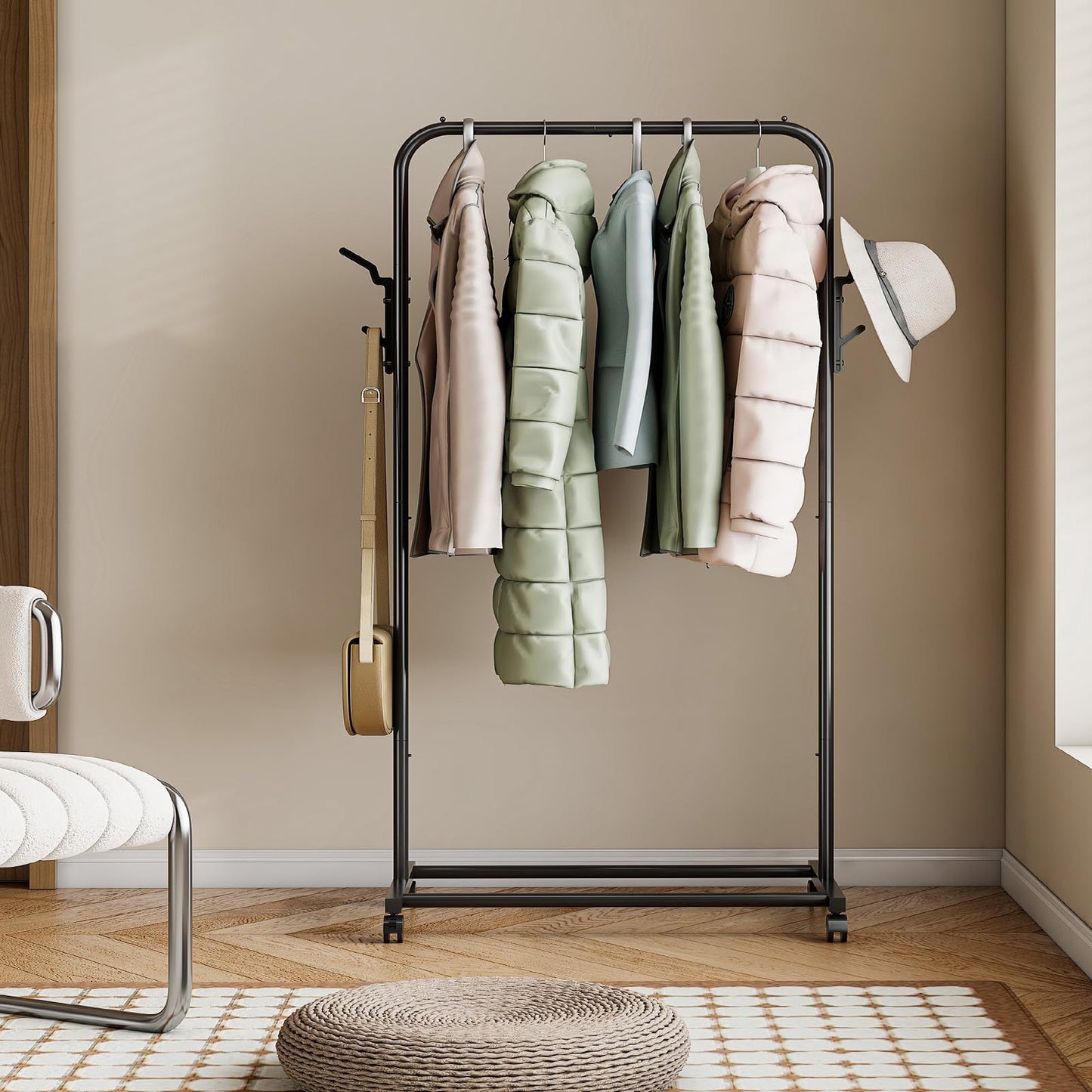 Coat Rack, Freestanding Metal Clothes Rack with Wheels, Standard Organizer for Hanging Clothes, Coats, Skirts, Shirts, Black Freestanding Metal Clothes Rack with Wheels