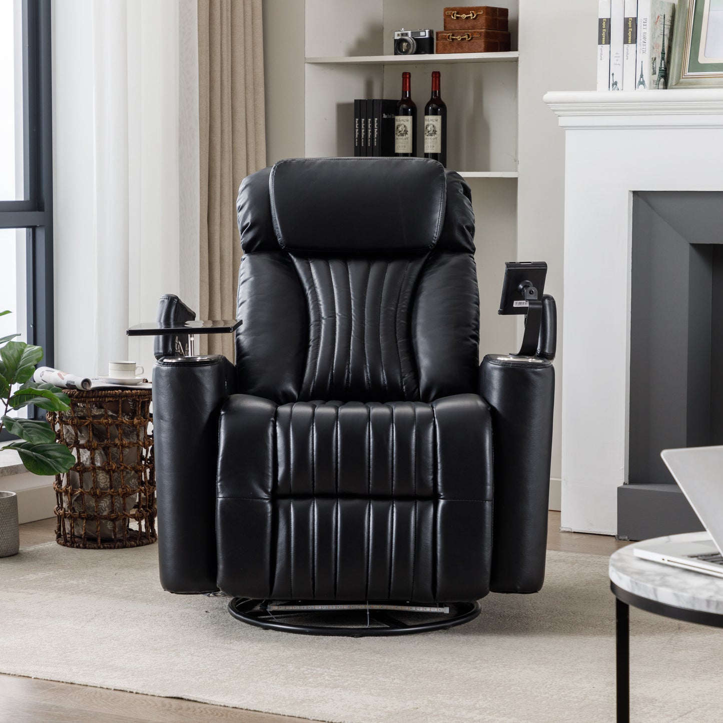 270° Power Swivel Recliner,Home Theater Seating With Hidden Arm Storage and LED Light Strip,Cup Holder,360° Swivel Tray Table,and Cell Phone Holder,Soft Living Room Chair,Black