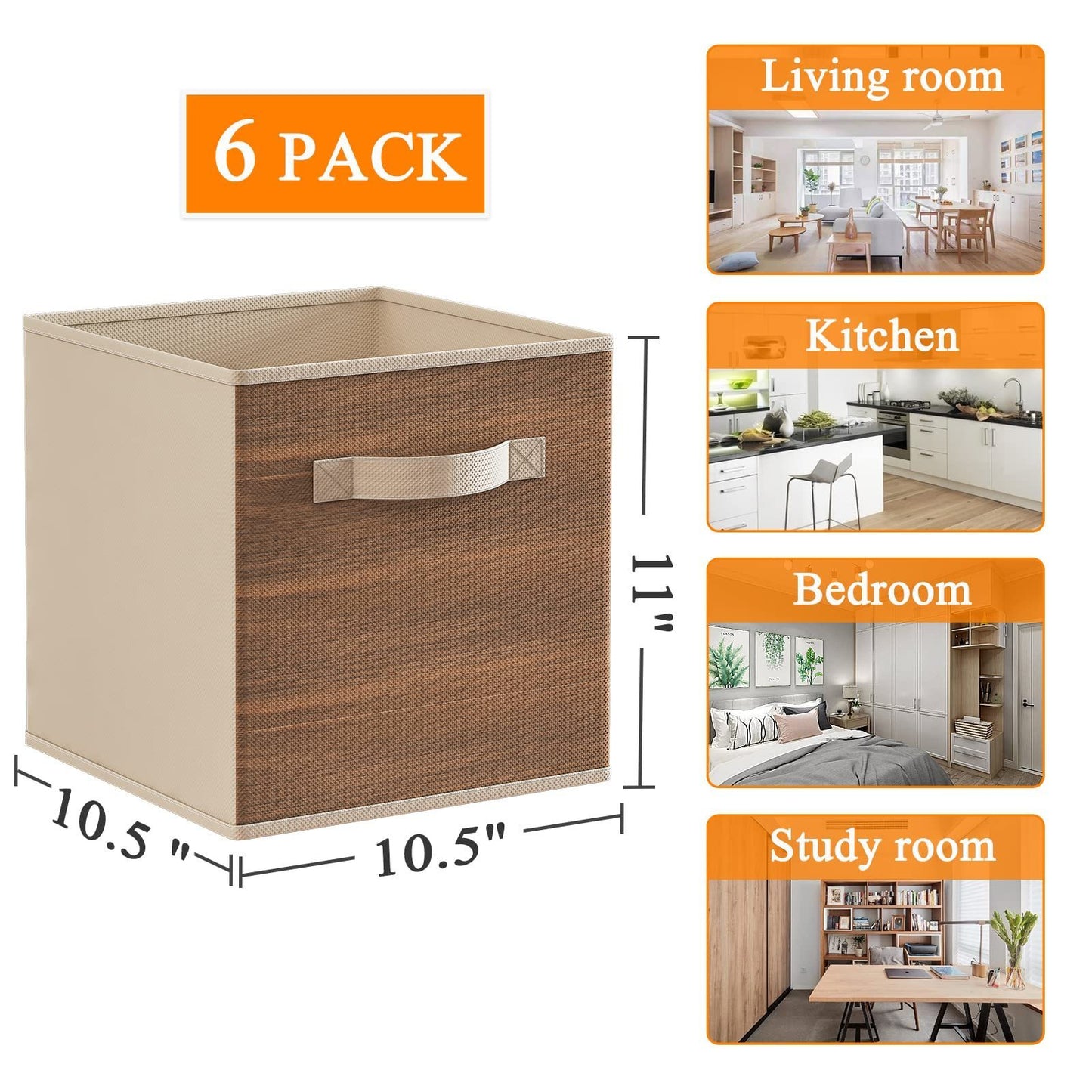 Fabric Storage Cubes with Handle, Foldable 11 Inch Cube Storage Bins, 6 Pack Storage Baskets for Shelves, Storage Boxes for Organizing Closet Bins, Wood Grain