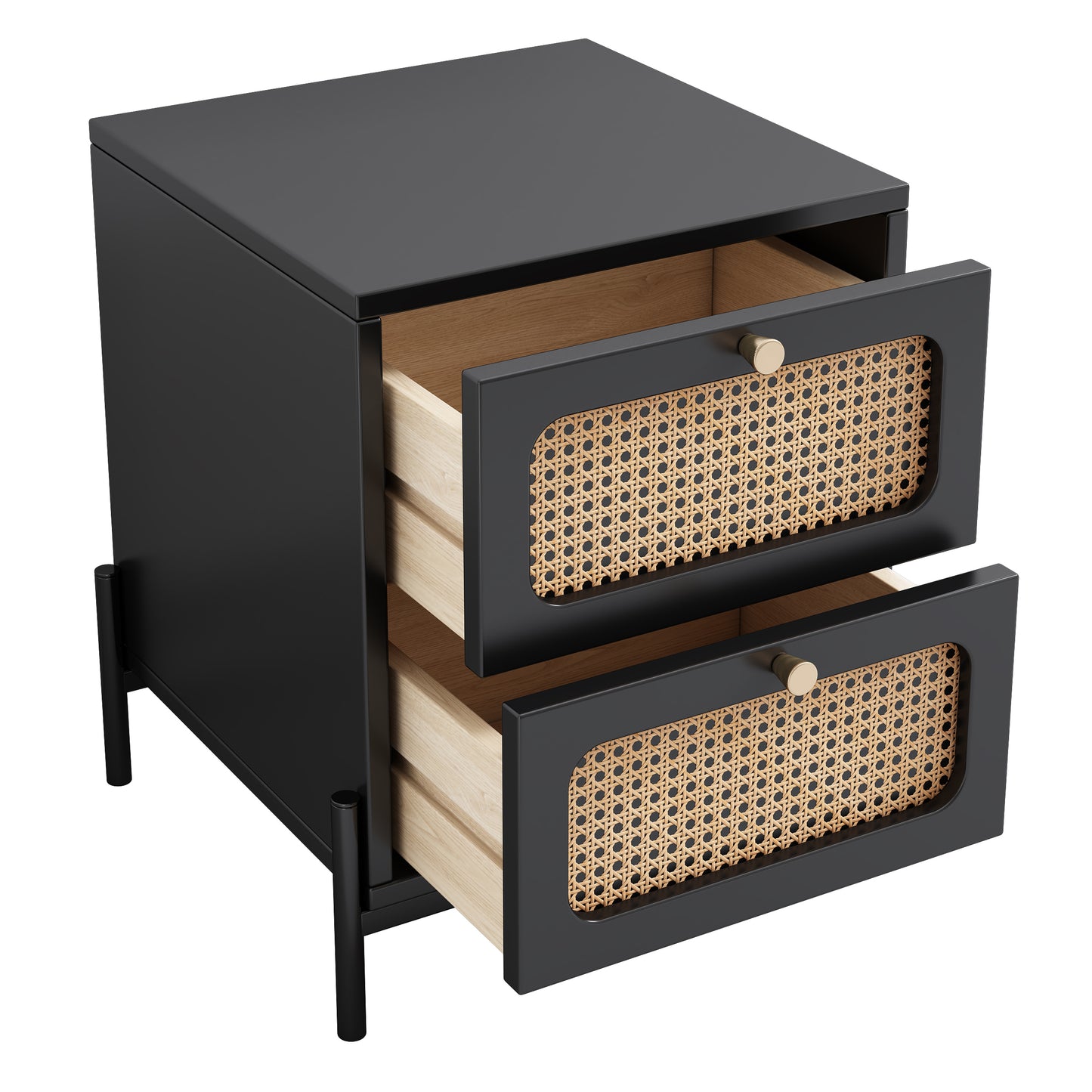 4 Pieces Modern Cannage Rattan Platform Queen Bed + Nightstand*2+ Dresser, Black