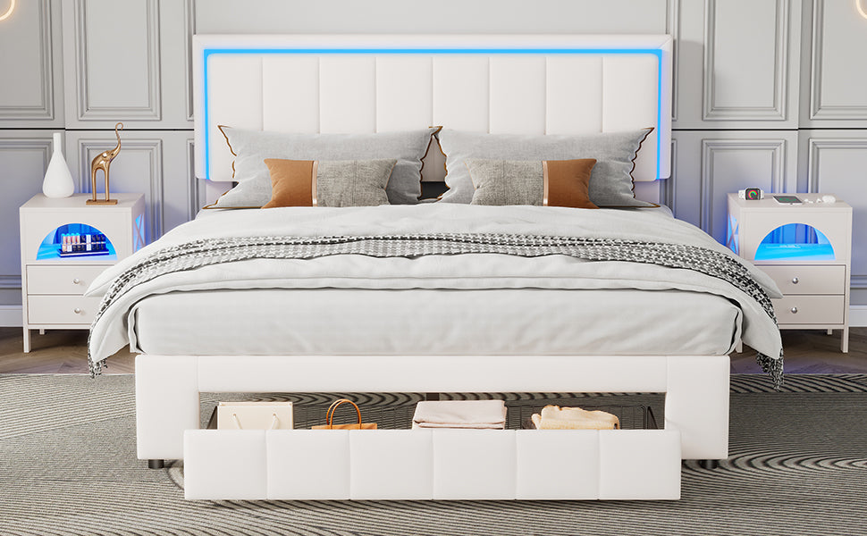 3-Pieces Bedroom Sets,Queen Size Upholstered Bed with LED Lights and Motion Activated Night Lights,Two Nightstands with USB Charging Station and LED lights,White