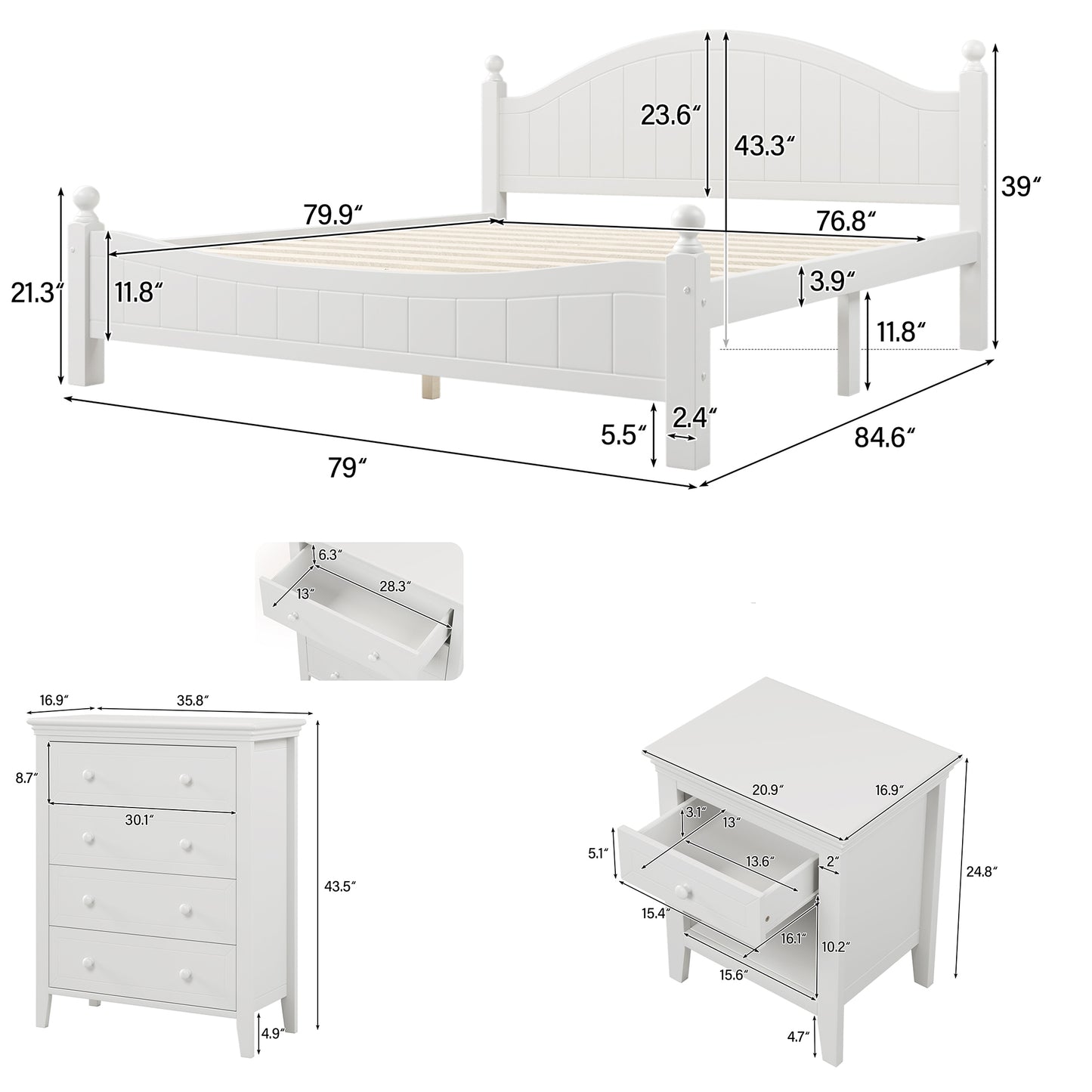 3 Pieces Traditional Concise Style White Bedroom Sets, Nightstand+ Chest+ King Bed