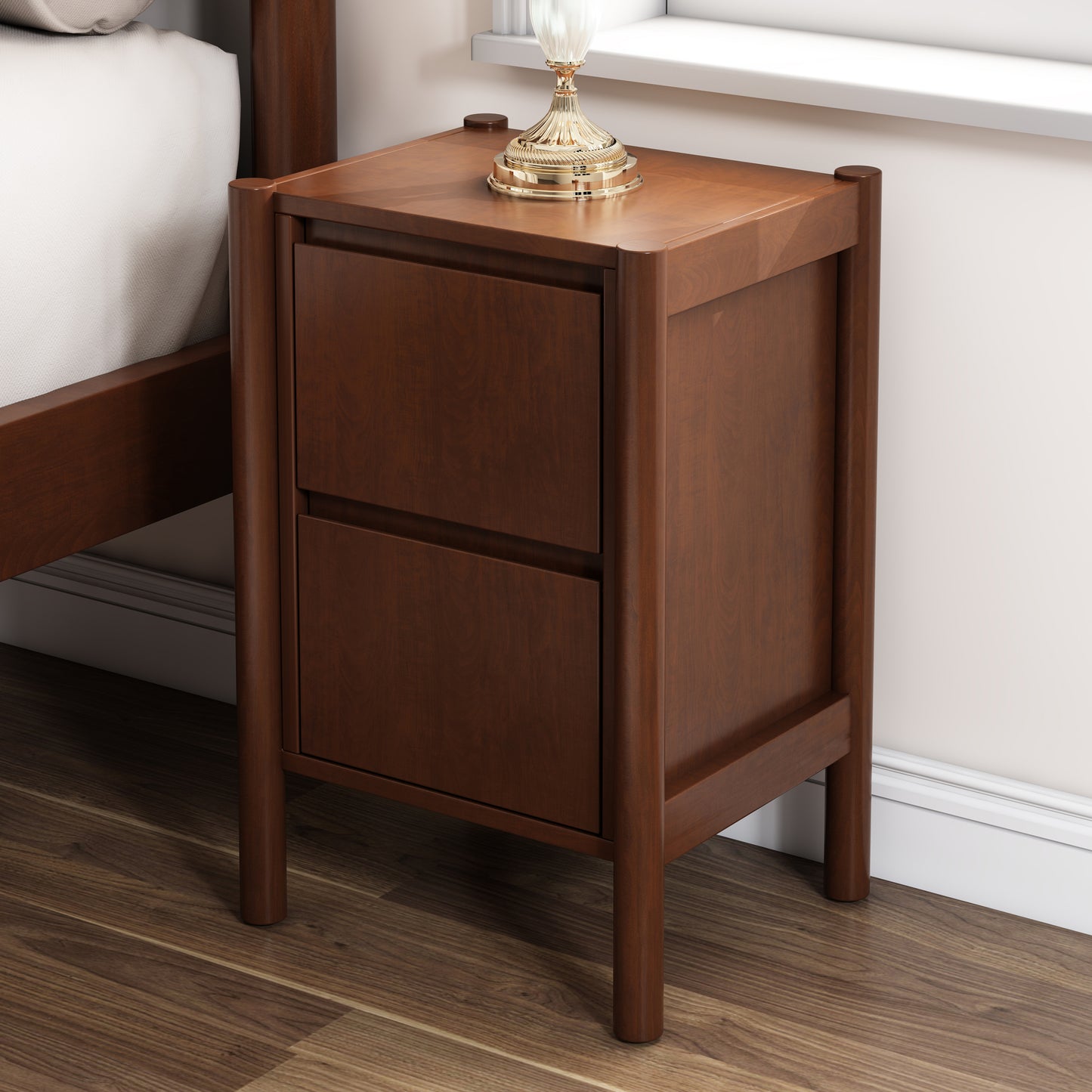 4 Pieces Bedroom Sets Mid Century Modern Upholestery Walnut Wood Frame Queen Platform Bed with Two Nightstands and Dresser