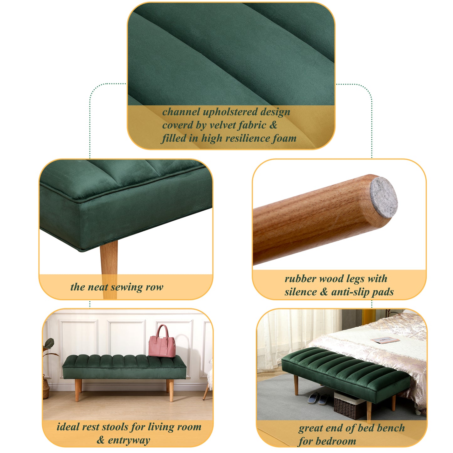 Accent Channel Tufted Ottoman Green Velvet End of Bed Bench for Bedroom, Living Room, Entryway (Green)