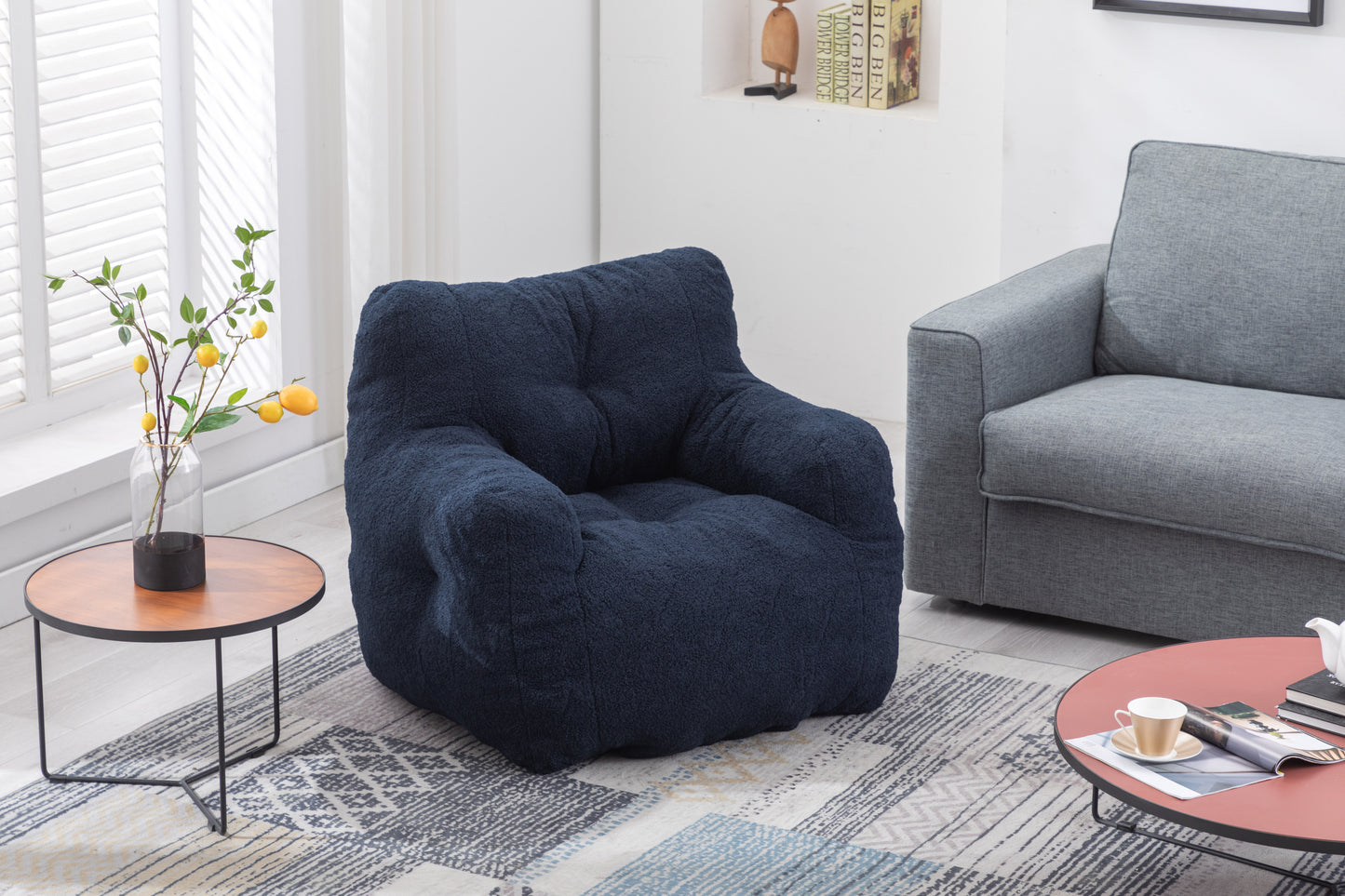 010-Soft Teddy Fabric Tufted Foam Bean Bag Chair With Teddy Fabric Dark Blue