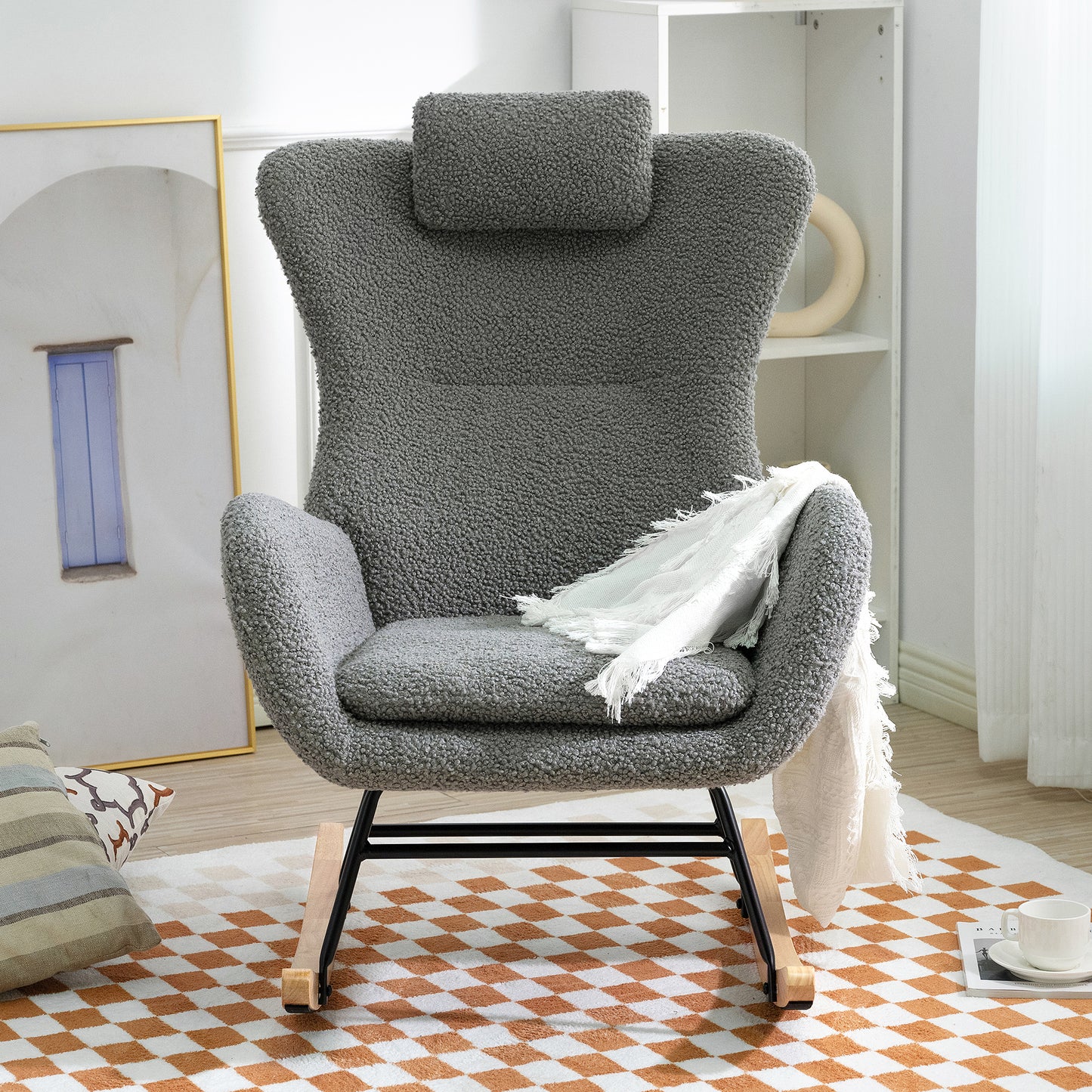 Rocking Chair Nursery, Teddy Upholstered Rocker Glider Chair with High Backrest, Adjustable Headrest & Pocket, Comfy Glider Chair for Nursery, Bedroom, Living Room, Offices, Rubber wood, gray